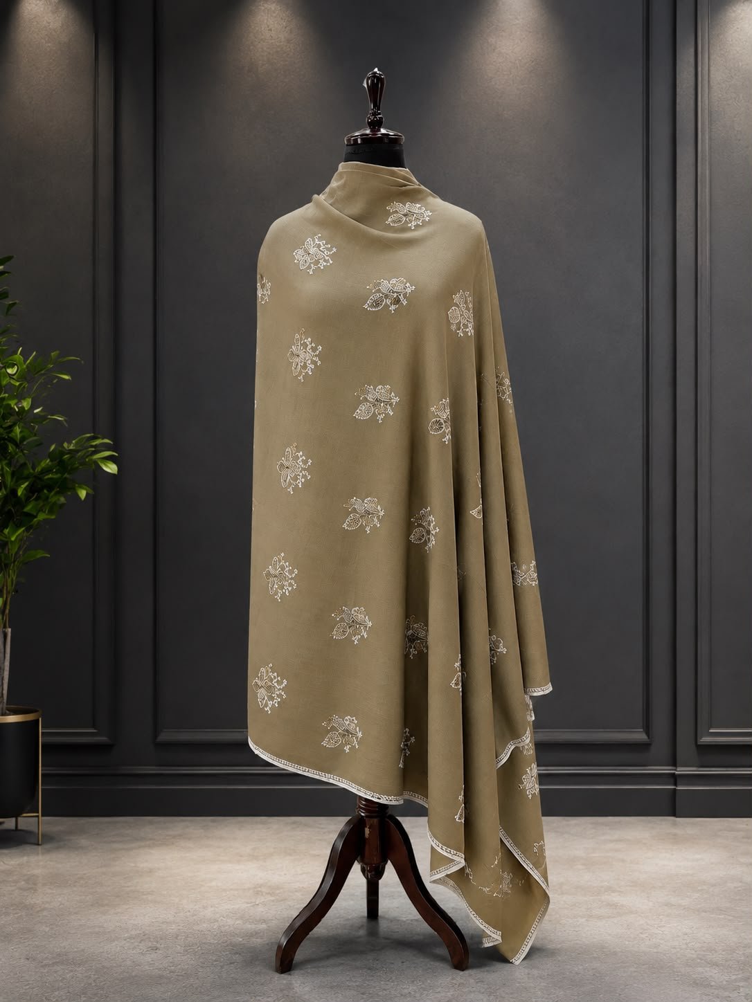 Sozni Ivory Floral Embroidered Shawl