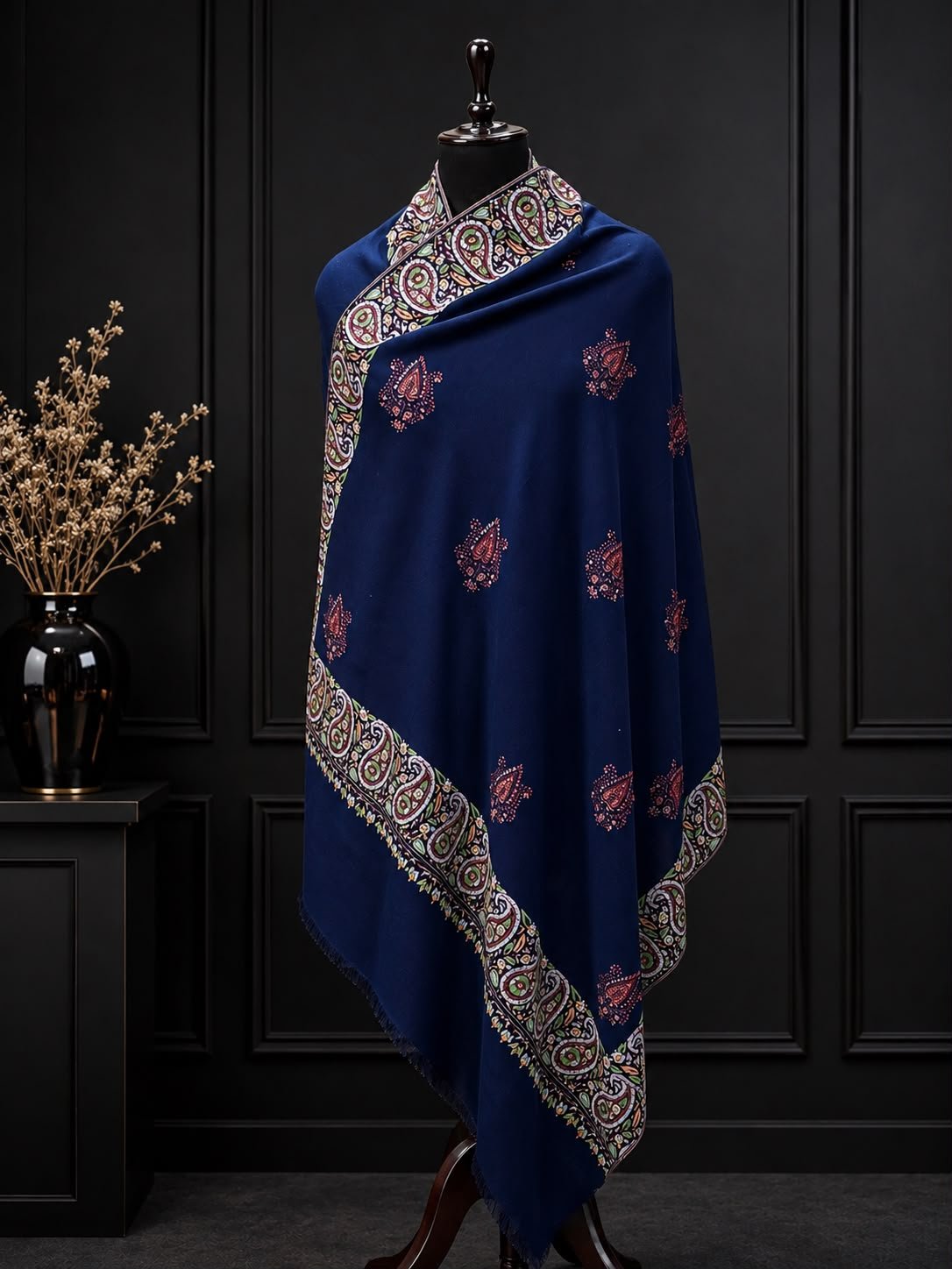 Midnight Navy Floral-Border Shawl