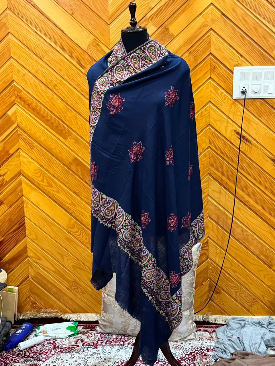Midnight Navy Floral-Border Shawl