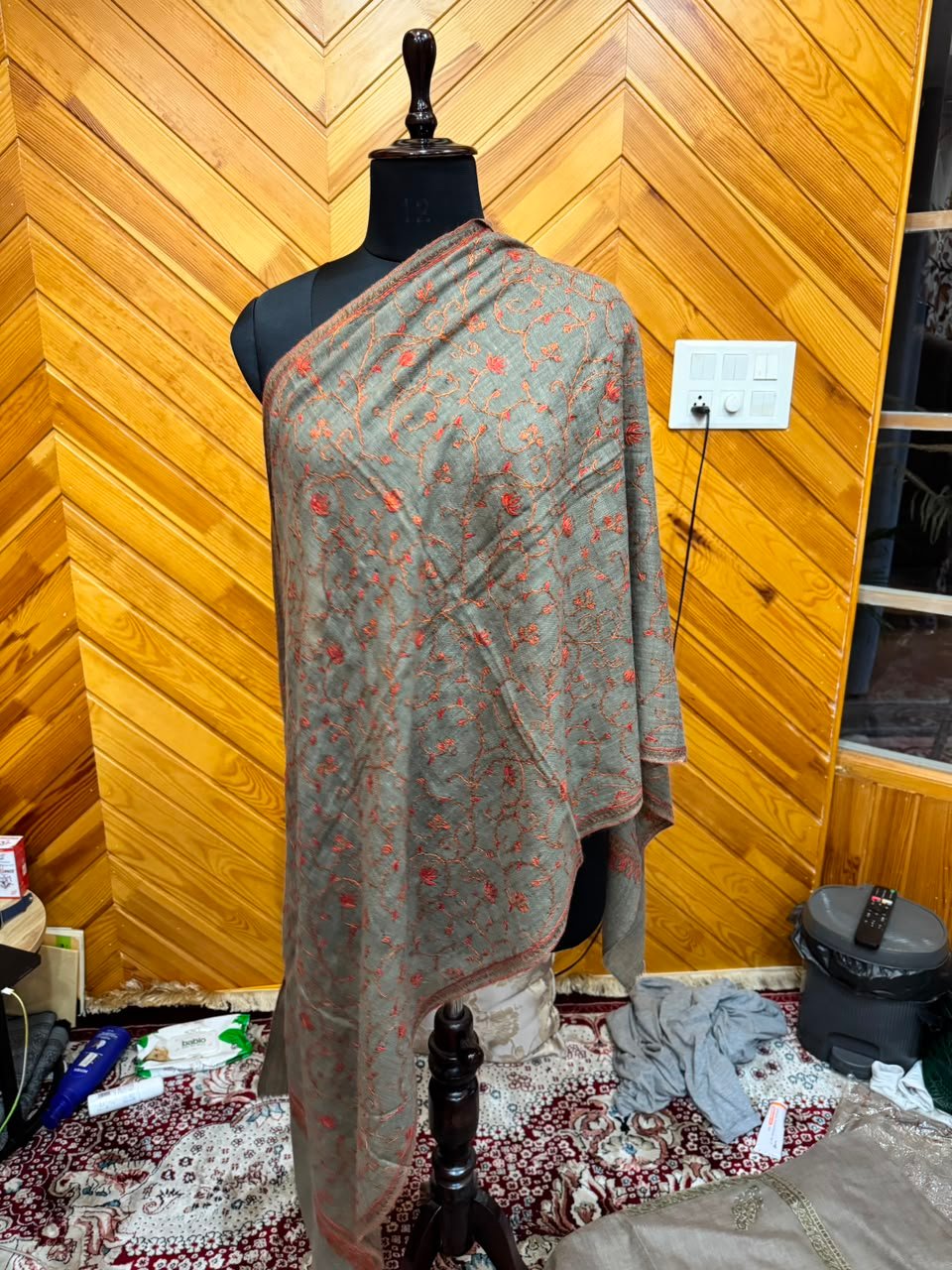 Grey Rainbow-Border Shawl