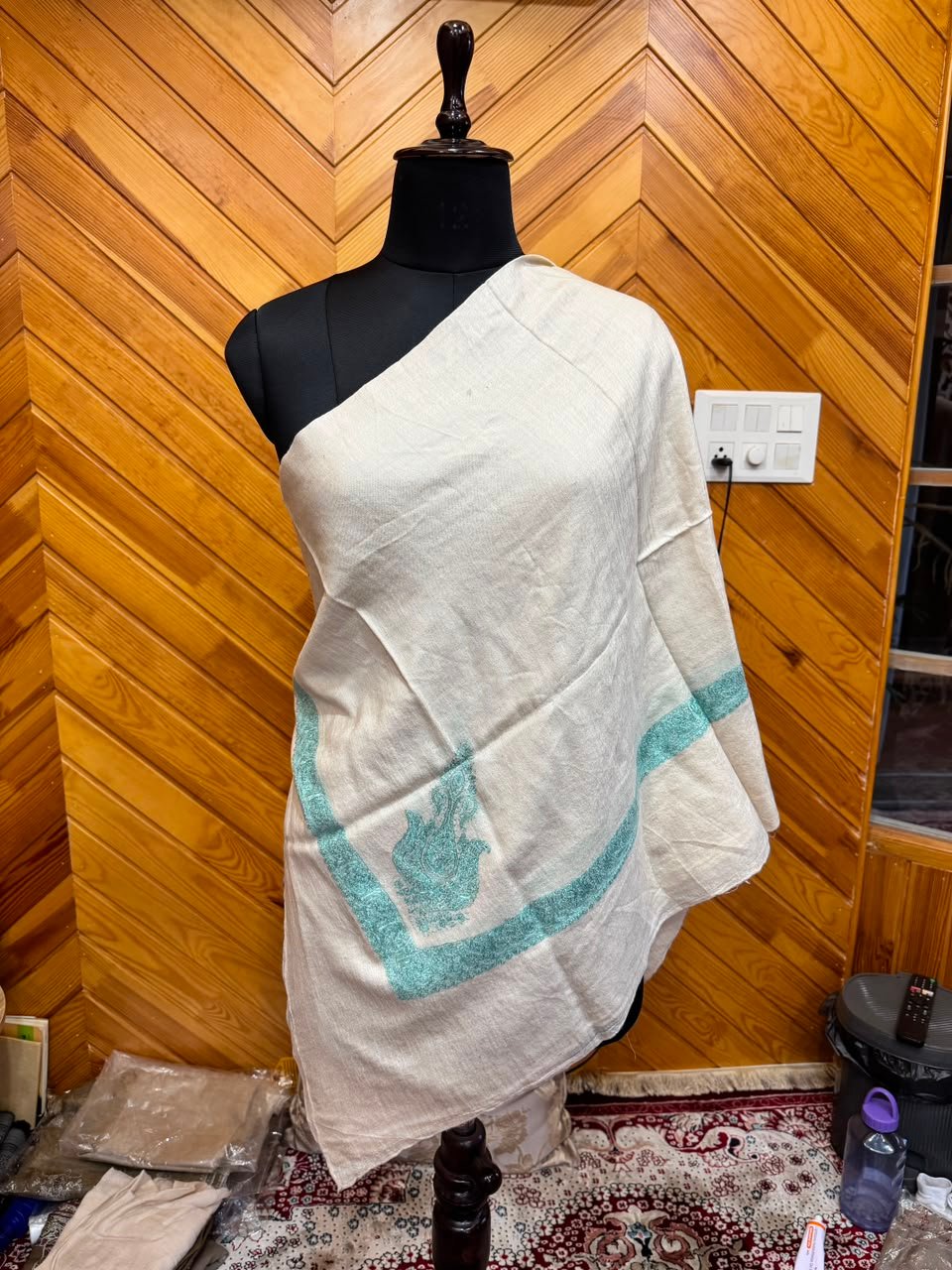 Ivory Teal-Accent Shawl