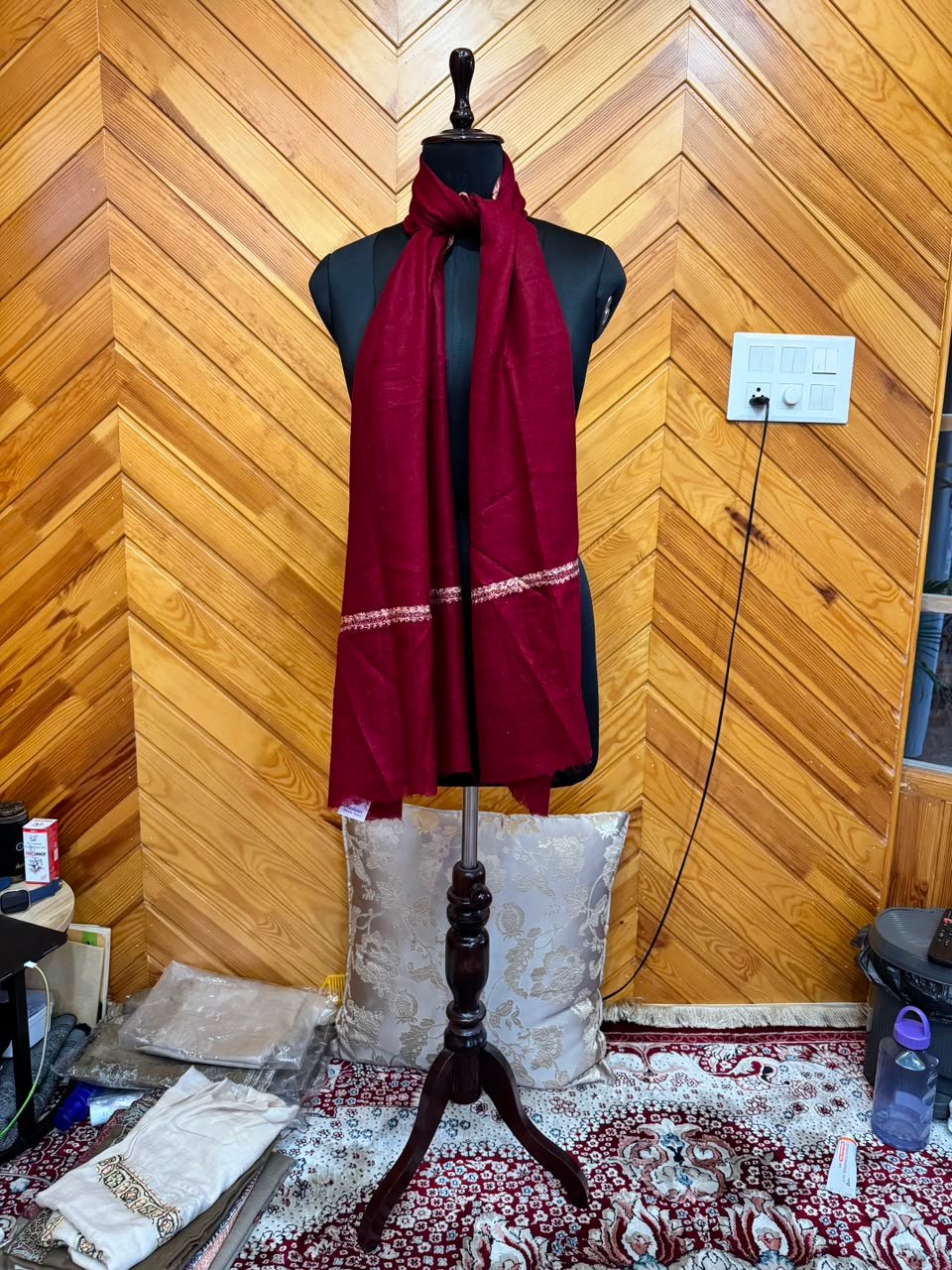 Burgundy Beige-Trim Shawl