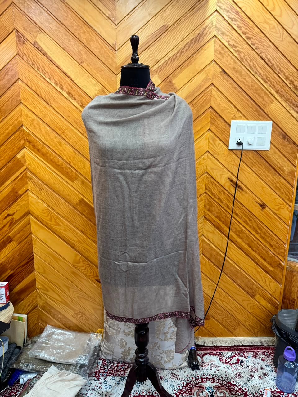 Taupe Maroon-Trim Shawl