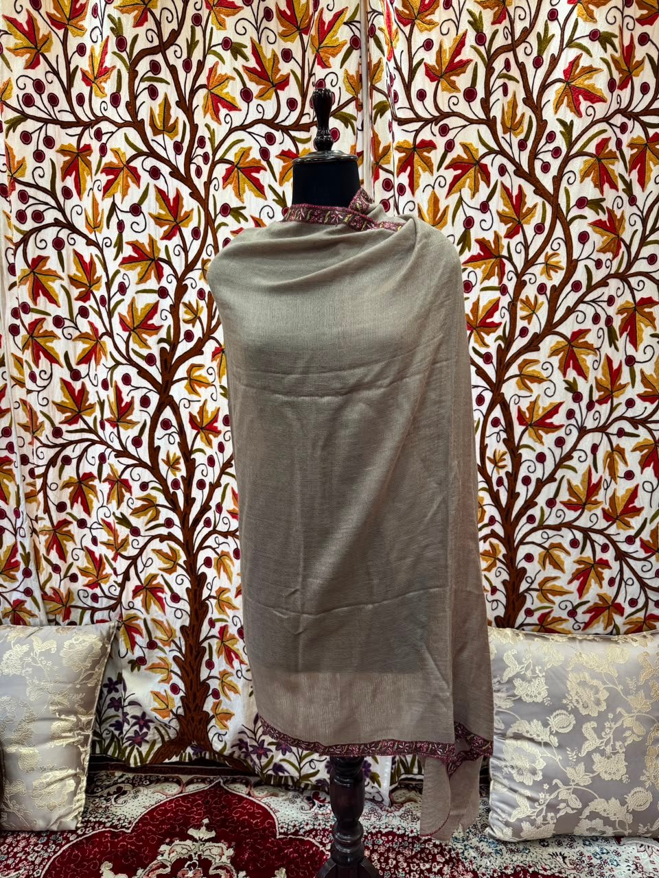 Taupe Maroon-Trim Shawl