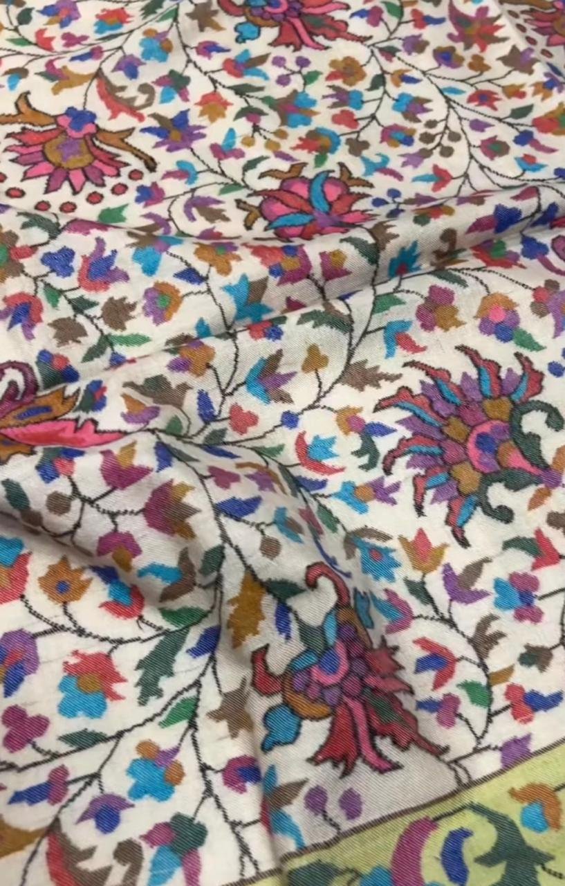 Ivory Sozni Floral Pashmina