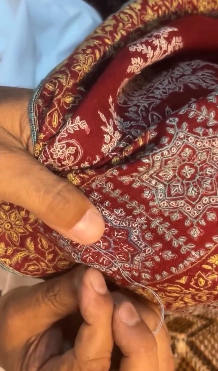 Maroon Paisley Pashmina, Hand-Finished